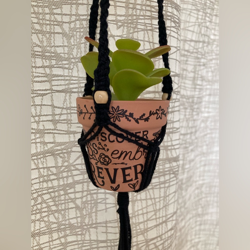 Hand Crafted Black Plant Hanger and Mini 2.5” Terracota Pot Words/Floral Design